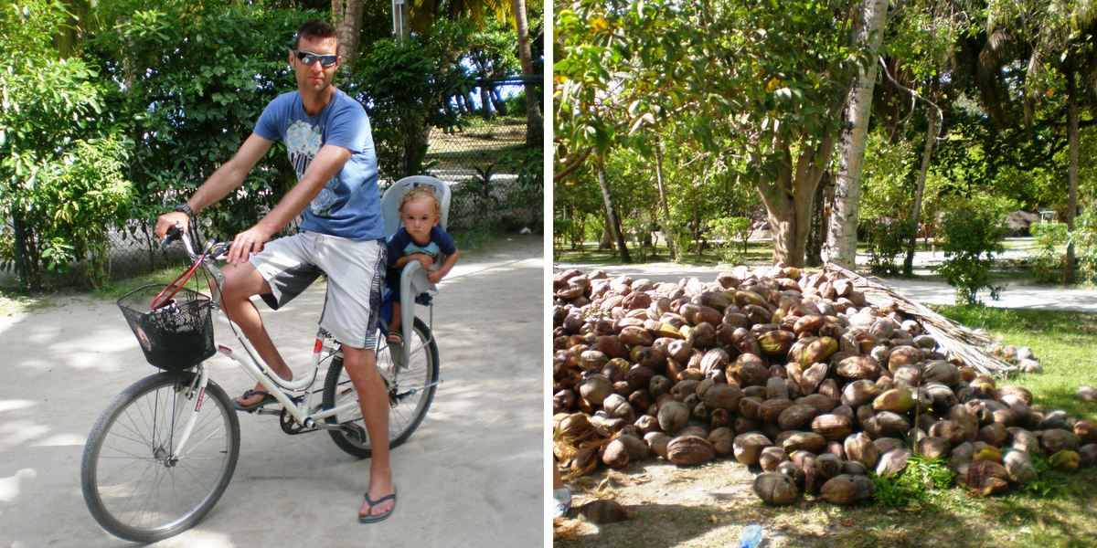 papà e bambino in bici alle Seychelles