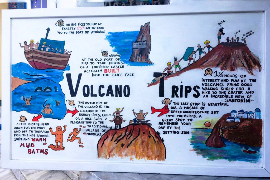 illustrazione del vulcano attivo di Santorini da visitare con i bambini